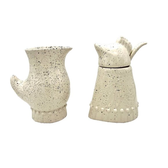 Anthropologie Ceramic Creamer Sugar Bowl Spoon Set Bird Chicken Speckled Pottery - Picture 2 of 7